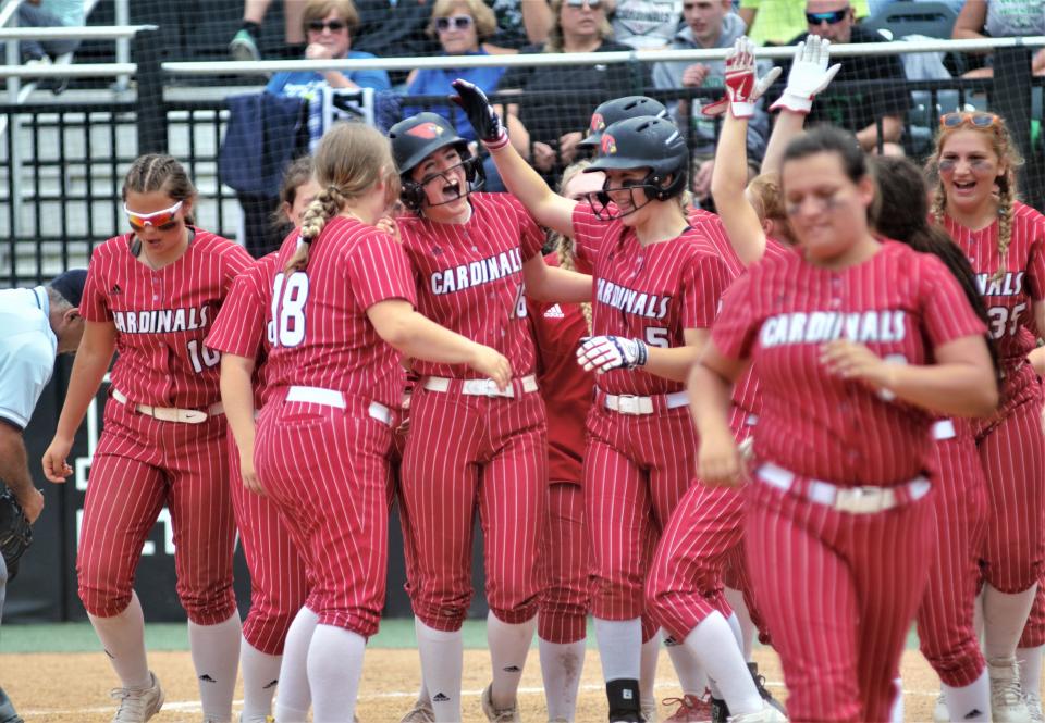 Reagan Sides hit a big home run in last year's MHSAA Division 4 softball semifinal matchup between Johannesburg-Lewiston and Mendon on Friday, June 16 at Secchia Stadium on the campus of Michigan State University in East Lansing, Mich.