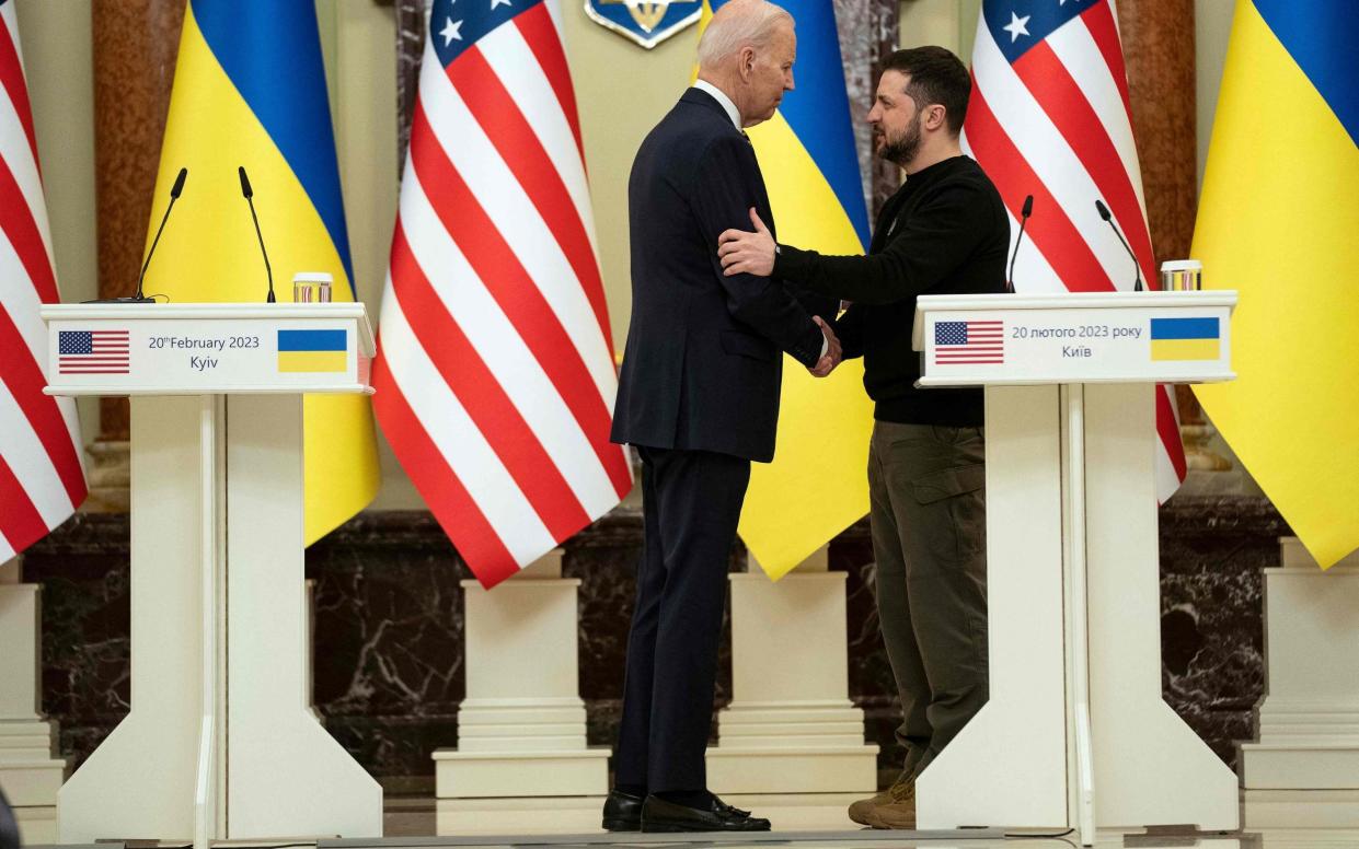 US President Joe Biden (L) and Ukrainian President Volodymyr Zelensky (R) at a joint press conference in Kyiv yesterday - EVAN VUCCI/AFP