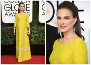 <p><b>Grade: D</b><br>This long sleeve yellow dress assaults Portman’s natural pregnant glow. </p>