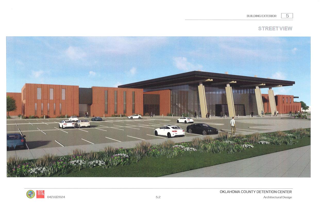 This rendering shows what the exterior of the new county jail could look like if it were built at 1901 E Grand. It was shown publicly for a first time on April 11, 2024. Provided by Oklahoma County.
(Credit: Oklahoma County)