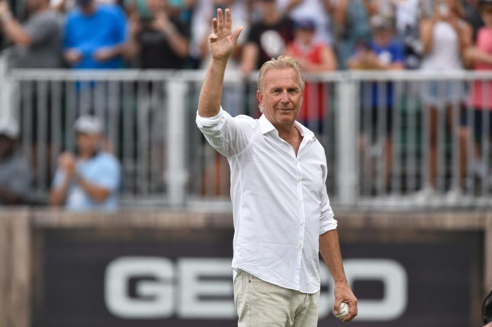 Actor Kevin Costner leaves the field before a game between the Chicago White Sox and the New York Yankees at Field of Dreams in Dyersville, Iowa, on Aug. 12, 2021.