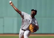 Jul 15, 2017; Boston, MA, USA; New York Yankees starting pitcher Luis Severino (40) delivers against the Boston Red Sox during the first inning at Fenway Park. Winslow Townson-USA TODAY Sports