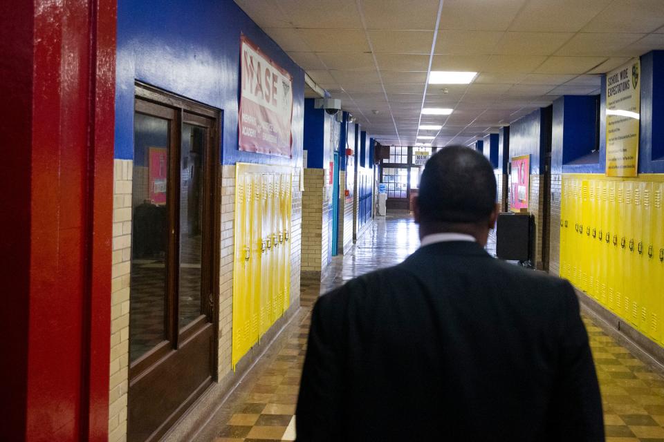 Rod Gaston, executive director for Memphis Academy of Science and Engineering, walks down the hallway of the school’s new location at 1266 Poplar Ave in Memphis, Tenn., on Friday, August 18, 2023. MASE fully moved into the building over the summer after partially moving in at the start of the year to finish the 2022 spring term after a pipe leak over the winter break flooded their previous location. The building previously housed Memphis Technical High School and then Northwest Preparatory Academy.