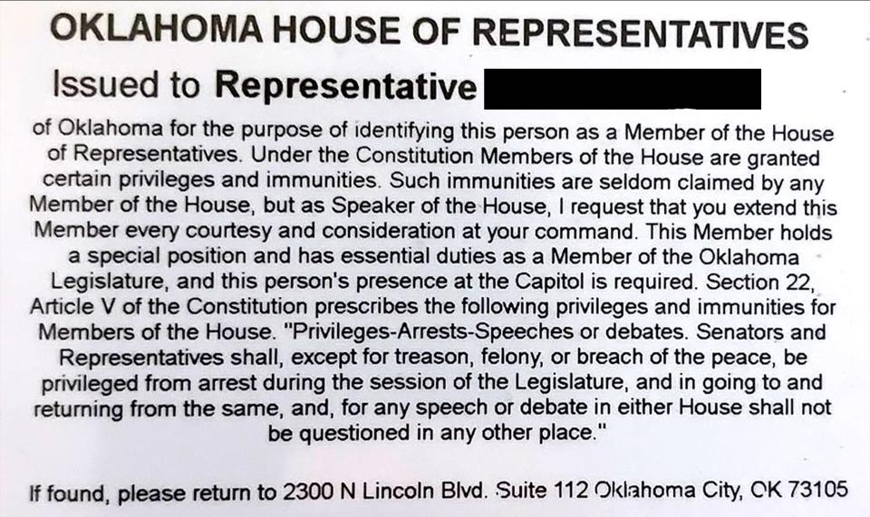 A House of Representatives I.D. card. The name of the legislator who owns the card has been blacked out.