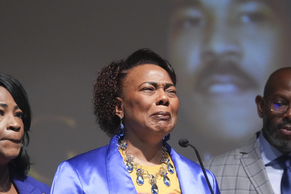 Bernice King daughter of slain civil-right leader Martin Luther King Jr., becomes emotional as she speaks about her brother Dexter Scott King during a news conference Tuesday, Jan. 23, 2024, in Atlanta. Dexter died Monday, Jan. 22, 2024 at his California home after battling prostate cancer. (AP Photo/John Bazemore)