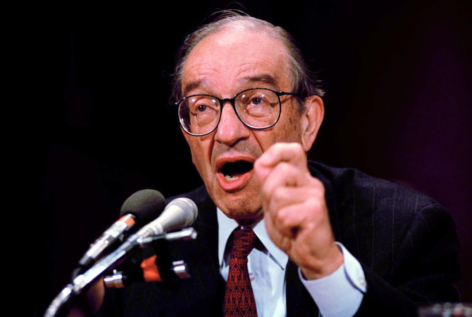 Then Federal Reserve Board Chairman Alan Greenspan, Friday, July 26, 1996, Washington, D.C. (AP Photo/John Duricka)