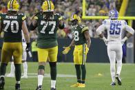 Green Bay Packers' Randall Cobb reacts to a play during the second half of an NFL football game against the Detroit Lions Monday, Sept. 20, 2021, in Green Bay, Wis. (AP Photo/Mike Roemer)