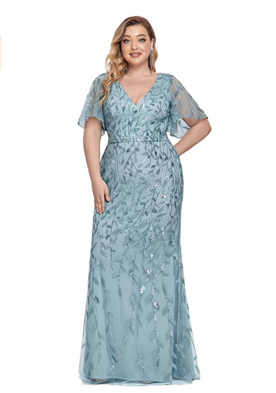 Plus Size Applique Ruffle Sleeve Prom Dress