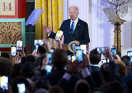 FILE - President Joe Biden speaks during a Hanukkah reception in the East Room of the White House in Washington, Monday, Dec. 11, 2023. The White House announced new rules in March 2024 for how the federal government should use artificial intelligence, building off an executive order to a create a set of standards in AI development. (Doug Mills/The New York Times via AP, Pool, File)