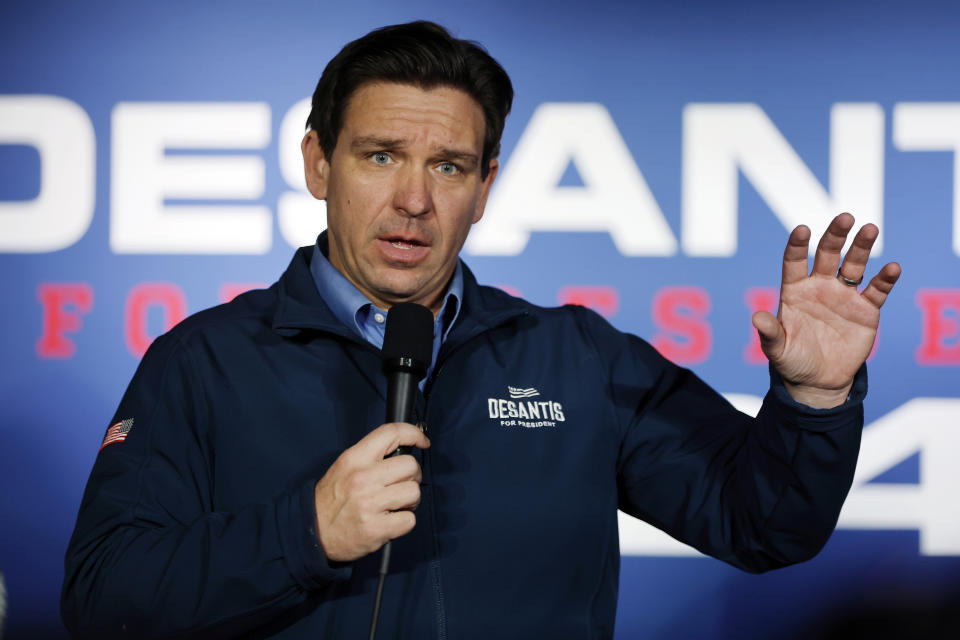 FILE - Republican presidential candidate Florida Gov. Ron DeSantis speaks during a campaign event at Wally's bar, Wednesday, Jan. 17, 2024, in Hampton, N.H. Medical marijuana patients and advocates are upset that the Florida Department of Health emailed its patient registry to praise Republican Gov. DeSantis for signing the state budget. (AP Photo/Michael Dwyer, File)