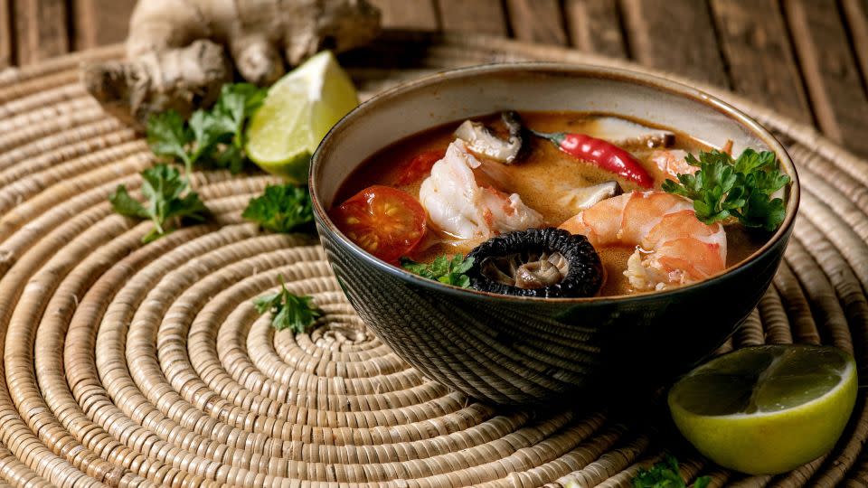 Shiitake mushrooms and prawns are the stars of this version of tom yum soup. - Natasha Breen/REDA&CO/Universal Images Group/Getty Images