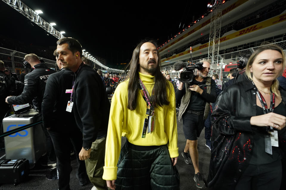 Steve Aoki attends the Formula One Las Vegas Grand Prix auto race, Saturday, Nov. 18, 2023, in Las Vegas. (AP Photo/Darron Cummings)