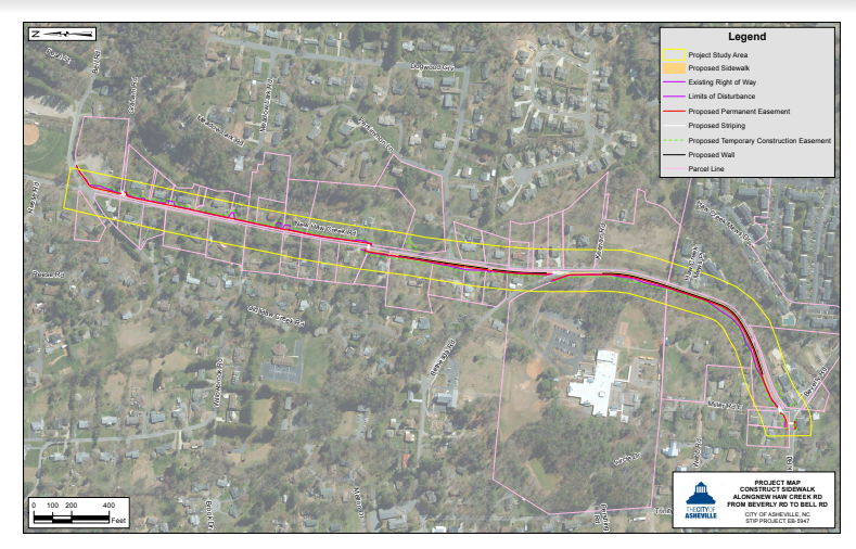 An aerial view of the sidewalk project proposed for New Haw Creek Road.