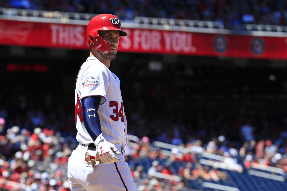 Bryce Harper is slated to hit free agency and seek hundreds of millions of dollars this winter. (AP)