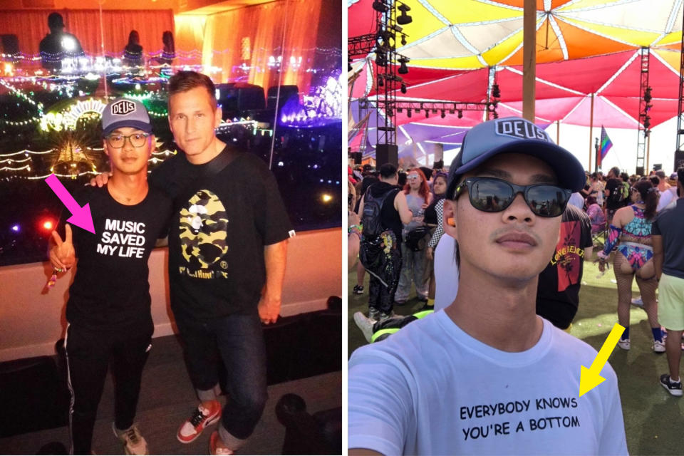 (left) author with t-shirt that says 'music saved my life' next to kaskade (right) author wearing shirt that says 'everybody knows you're a bottom'