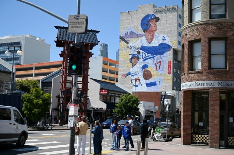 A mural showing <a class="link " href="https://sports.yahoo.com/mlb/teams/la-dodgers/" data-i13n="sec:content-canvas;subsec:anchor_text;elm:context_link" data-ylk="slk:Los Angeles Dodgers;sec:content-canvas;subsec:anchor_text;elm:context_link;itc:0">Los Angeles Dodgers</a> Japanese star <a class="link " href="https://sports.yahoo.com/mlb/players/10835/" data-i13n="sec:content-canvas;subsec:anchor_text;elm:context_link" data-ylk="slk:Shohei Ohtani;sec:content-canvas;subsec:anchor_text;elm:context_link;itc:0">Shohei Ohtani</a> is Little Tokyo in downtown Los Angeles, California; the mural, by artist Robert Vargas, is 150 feet (46 meters) tall and is titled "LA Rising." (Robyn Beck)