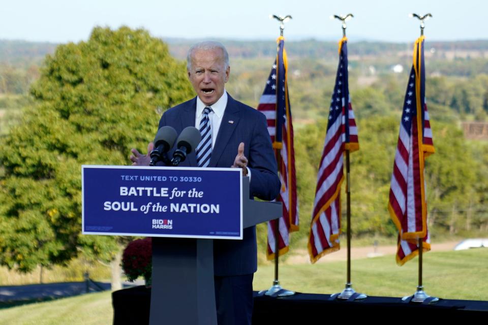 Democratic presidential candidate former Vice President Joe Biden speaks at Gettysburg National Military Park in Gettysburg, Pa., Tuesday. (AP Photo/Andrew Harnik)