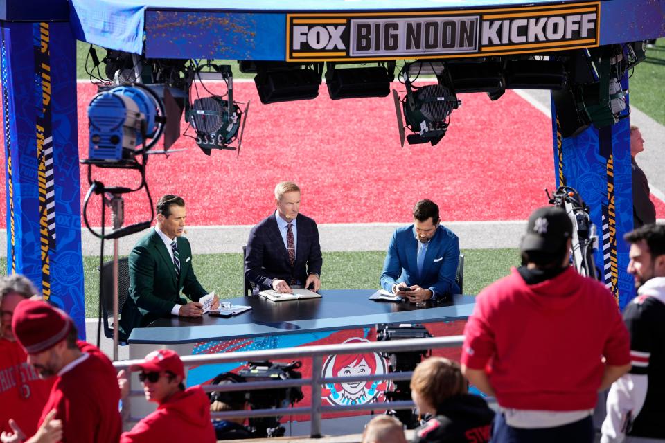 Oct 21, 2023; Columbus, Ohio, USA; The Fox Big Noon Kickoff crew broadcasts from the field prior to the NCAA football game between the Ohio State Buckeyes and the Penn State Nittany Lions at Ohio Stadium.