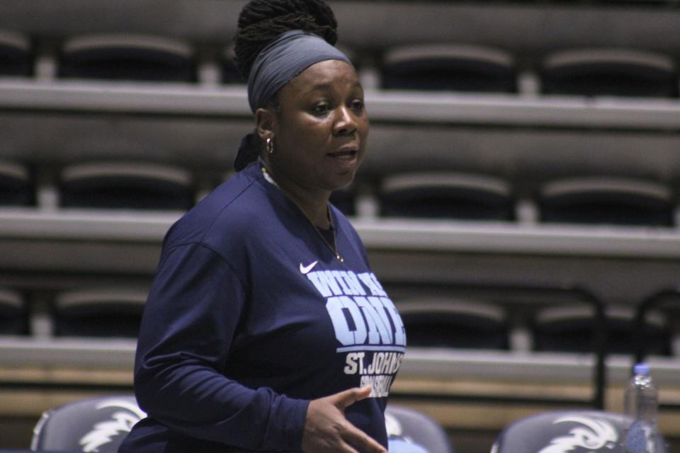 Yolanda Bronston calls out instructions during practice before the Class 2A girls basketball state semifinals. The former St. Johns Country Day coach is moving to Eagle's View.