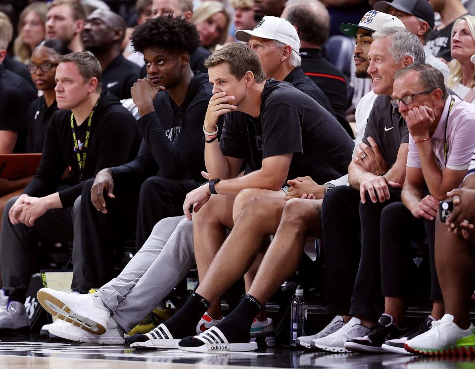Jazz Head Coach Will Hardy watches with other players, team officials and coaches as the Utah Jazz and Philadelphia 76ers play in Summer League action at the Delta Center in Salt Lake City on Wednesday, July 5, 2023. | Scott G Winterton, Deseret News