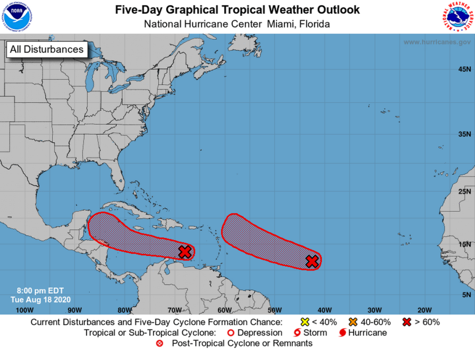 The two tropical waves in the Atlantic have high chances of becoming tropical depressions in the next two days.