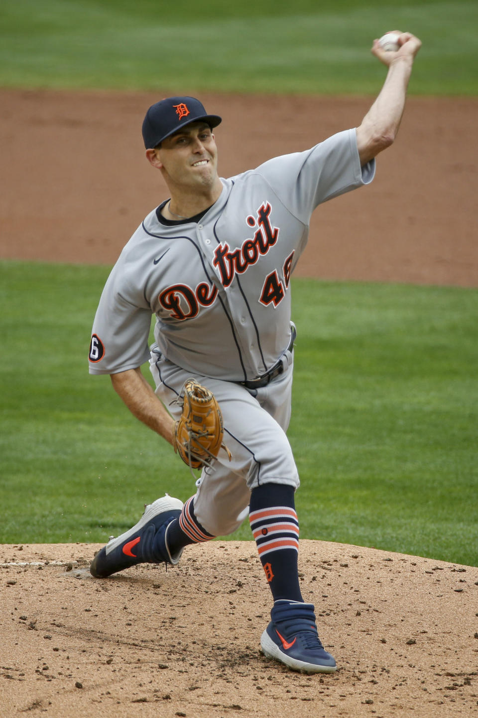 Detroit Tigers' Matthew Boyd throws to the Minnesota Twins in the first inning of the first game of a baseball doubleheader Friday, Sept. 4, 2020, in Minneapolis. (AP Photo/Bruce Kluckhohn)