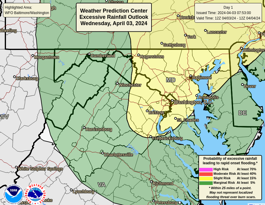 Most of Washington County is at slight risk for excessive rain Wednesday, April 3, 2024.
