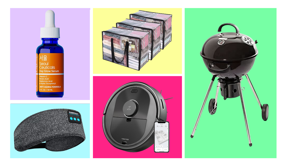 skin serum, headphone headband, robo-vac, storage bags, charcoal grill
