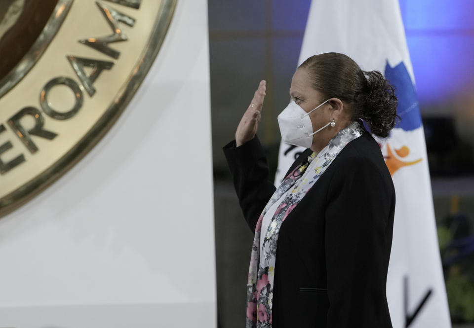 Guatemalan Attorney General Consuelo Porras is sworn in for another four-year term, at the National Palace in Guatemala City, Monday, May 16, 2022. (AP Photo/Moises Castillo)