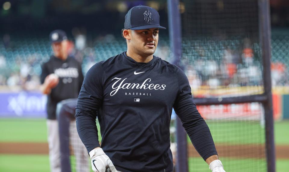 Sep 3, 2023; Houston, Texas, USA; New York Yankees center fielder Jasson Dominguez (89) before the game against the Houston Astros at Minute Maid Park. Mandatory Credit: Troy Taormina-USA TODAY Sports