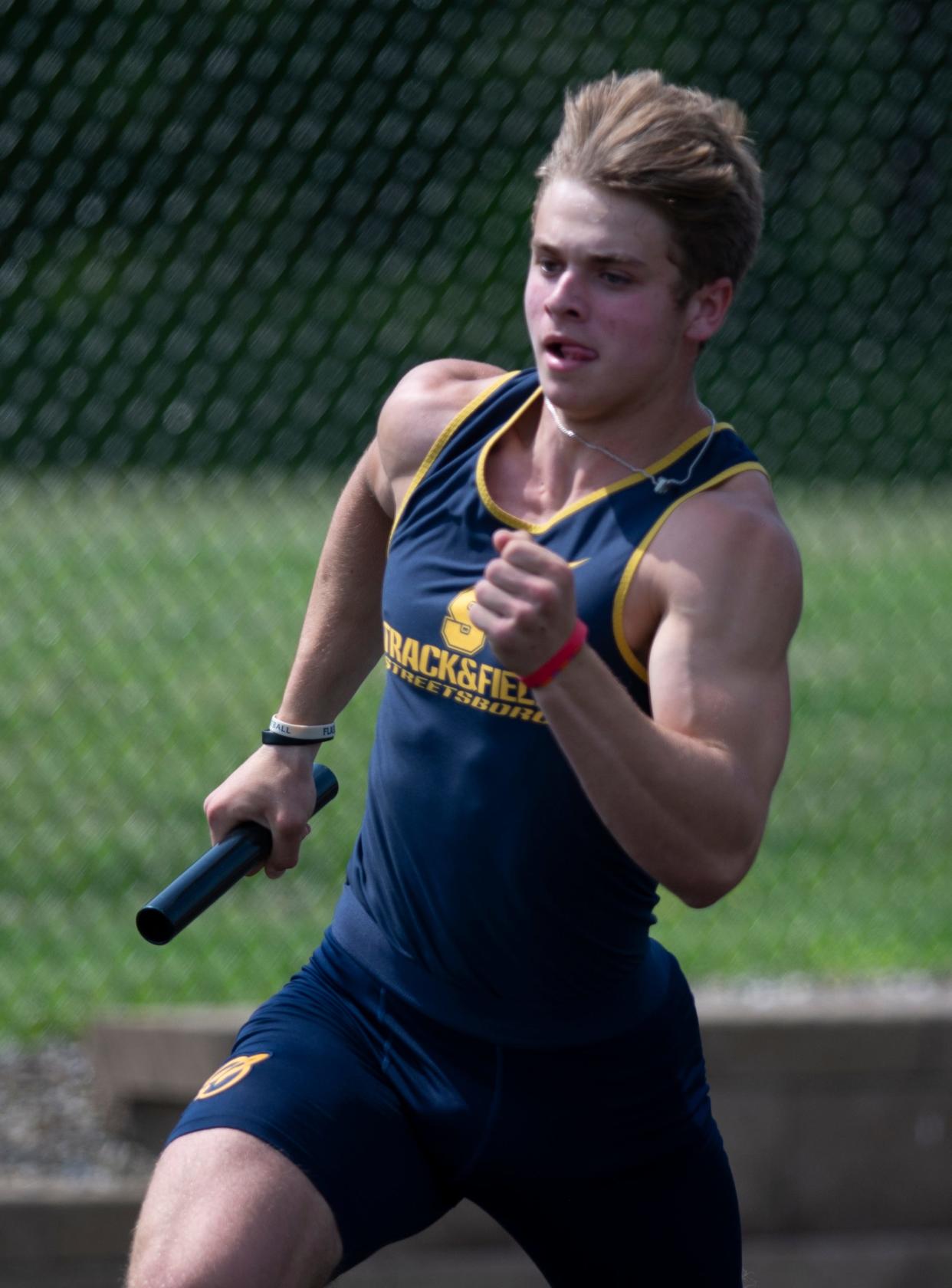 Streetsboro's Preston Hopperton competes in the boys 4x200-meter relay at the Division II track & field championships at Lakeview on Saturday, May 21, 2022.