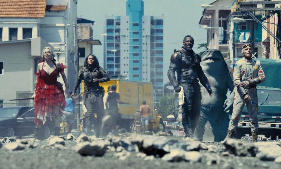 Margot Robbie, Daniela Melchior, Idris Elba and David Dastmalchian in The Suicide Squad.