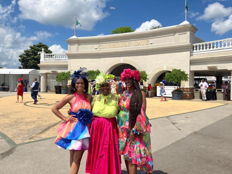 From left: Miss Cosmos United State 2023 Gia Combs, Sharon Swisher and former University of Louisville basketball player Valerie Combs attend the 2024 Kentucky Derby on May 4, 2024 at Churchill Downs in Louisville, Kentucky.