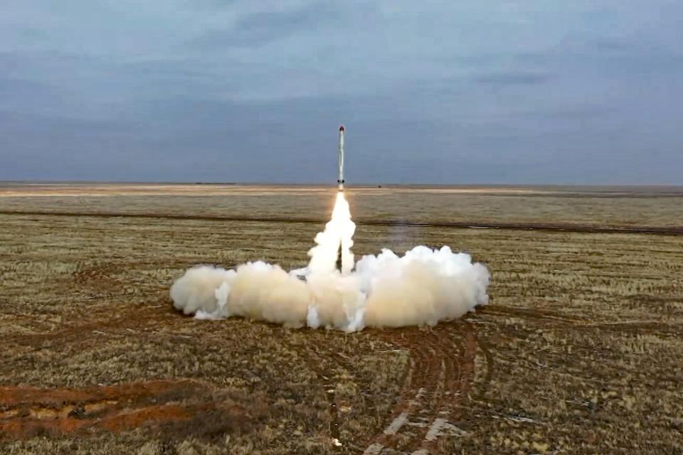 FILE - This photo taken from video provided by the Russian Defense Ministry Press Service on Feb. 19, 2022, shows a Russian Iskander-K missile launched during a military exercise at a training ground in Russia. Sometime this summer, if President Vladimir Putin can be believed, Russia moved some of its short-range nuclear weapons into Belarus, closer to Ukraine and onto the doorstep of NATO’s members in Central and Eastern Europe. (Russian Defense Ministry Press Service via AP, File)