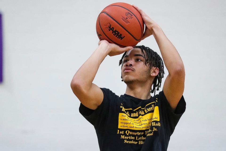 King point guard Chas Lewless practices at Martin Luther King Jr. Senior High School in Detroit on Tuesday, Nov. 21, 2023