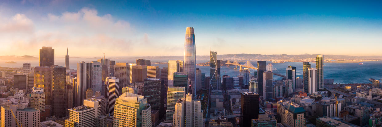 The Salesforce Tower, center, is seen in this aerial view of the San Francisco skyline with the Bank of America Center and the Transamerica Pyramid on the far left. (Engel Ching/Shutterstock)