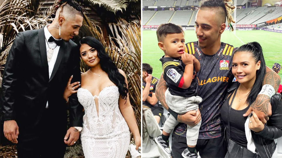 Sean Wainui, pictured here with his wife and son.