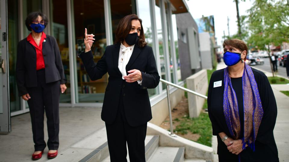 Sen. Kamala Harris (D-Calif.), the Democratic vice presidential nominee, speaks to reporters before participating in a Latino roundtable event in Philadelphia in September. (Photo: Mark Makela/Getty Images)