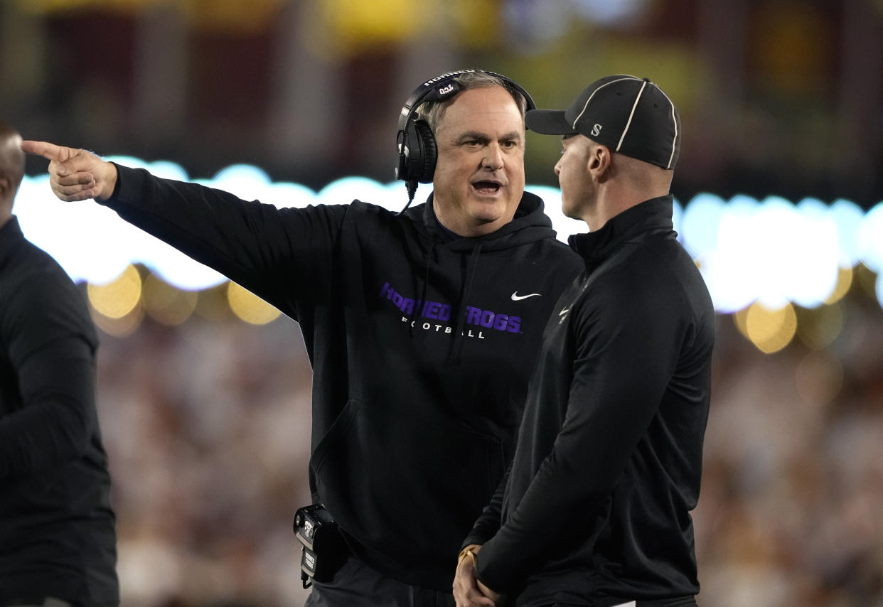 TCU head coach Sonny Dykes disputes a penalty on TCU during the first half of an NCAA college football game against Iowa State, Saturday, Oct. 7, 2023, in Ames, Iowa. (AP Photo/Matthew Putney.)