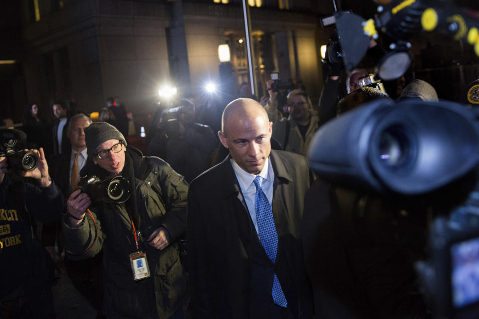 FILE - In this March 25, 2019, file photo, attorney Michael Avenatti leaves Federal Court after his initial appearance in an extortion case in New York. Avenatti, the trash-talking lawyer who became a household name by representing a porn star and hounding Donald Trump, is now in the legal fight of his life against federal charges that could send him to prison for the rest of his life. (AP Photo/Kevin Hagen, File)