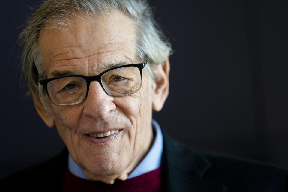 Author and biographer Robert Caro is photographed after touring a permanent exhibit in his honor, "Turn Every Page": Inside the Robert A. Caro Archive, at the New York Historical Society Museum & Library in New York on Wednesday, Oct. 20, 2021. (AP Photo/John Minchillo)