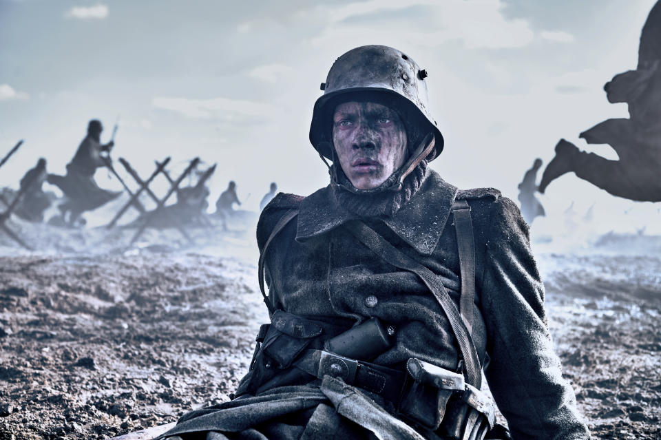 This image released by Netflix shows Felix Kammerer in a scene from "All Quiet on the Western Front." (Reiner Bajo/Netflix via AP)