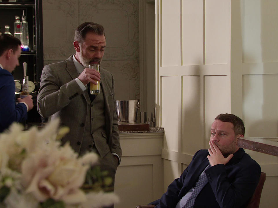 FROM ITV

STRICT EMBARGO -  No Use Before Tuesday 21st March 2023

Coronation Street - Ep 1091213

Monday 27th March 2023

As Paul Foreman [PETER ASH] picks up a glass of champagne in his left hand, Billy Mayhew [DANIEL BROCKLEBANK] can see that heâ€™s worried. Paul admits that heâ€™s spent every penny of the loan and has no idea how heâ€™s going to pay it off.

Picture contact - David.crook@itv.com

This photograph is (C) ITV and can only be reproduced for editorial purposes directly in connection with the programme or event mentioned above, or ITV plc. This photograph must not be manipulated [excluding basic cropping] in a manner which alters the visual appearance of the person photographed deemed detrimental or inappropriate by ITV plc Picture Desk. This photograph must not be syndicated to any other company, publication or website, or permanently archived, without the express written permission of ITV Picture Desk. Full Terms and conditions are available on the website www.itv.com/presscentre/itvpictures/terms
