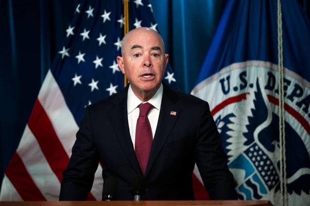 Secretary of Homeland Security Alejandro Mayorkas speaks at a news conference on Wednesday, May 10, 2023, ahead of the lifting of Title 42. (AP Photo/Kevin Wolf)