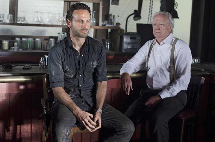 Andrew Lincoln as Rick Grimes and Scott Wilson as Hershel Greene in AMC's The Walking Dead . (Photo Credit: Gene Page/AMC)