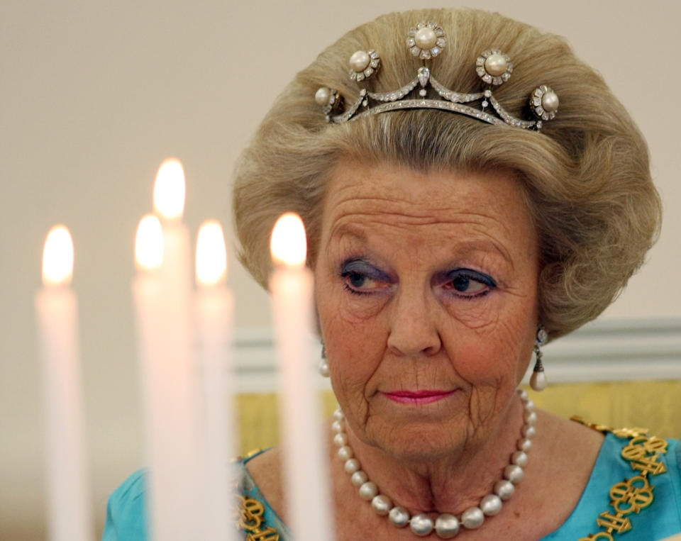 FILE - In this June 24, 2008 file photo, Netherlands Queen Beatrix looks on prior to the gala dinner in the Presidential palace in Vilnius, Lithuania. Spain's Crown Princess Letizia has a penchant for haute couture. Queen Elizabeth II's Bentley's are spotless. Belgium's King Albert II maintains a sumptuous villa in the south of France. But believe it or not, many of Europe's royals are feeling a pinch of the austerity sweeping the continent as it deals with its debt crisis. (AP Photo/Mindaugas Kulbis, File)