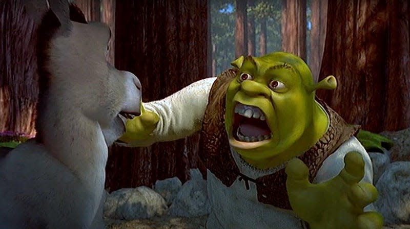 Shrek screams at Donkey in the movie Shrek.
