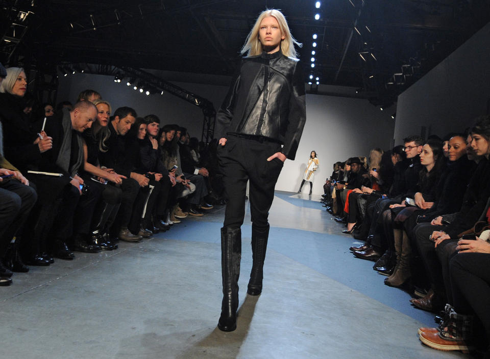 The Helmut Lang Fall 2013 collection is modeled during Fashion Week, Friday, Feb. 8, 2013, in New York. (AP Photo/Louis Lanzano)