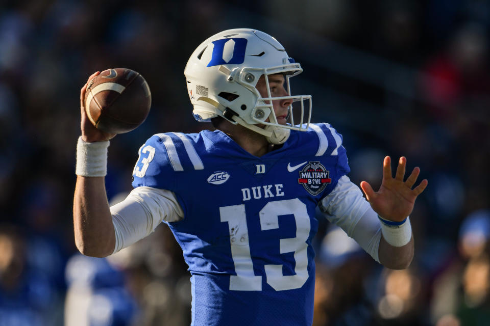 Dec 28, 2022; Annapolis, Maryland, USA;Duke Blue Devils quarterback Riley Leonard (13) throws from the pocket during the first half Central Florida Knights in the 2022 Military Bowl at Navy-Marine Corps Memorial Stadium. Mandatory Credit: Tommy Gilligan-USA TODAY Sports