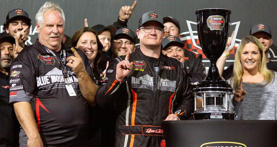 Ron Silk, driver of the No. 16 Blue Mountain Machine; Future Homes FURY Race Cars Modified, celebrates after winning the NASCAR Whelen Modified Tour Championship at Martinsville Speedway in Ridgeway, Virginia on October 26, 2023. (Veasey Conway/NASCAR)